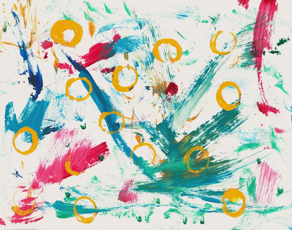 Abstract Painting on mostly white background with splatters of green, blue, and red with yellow circles on top