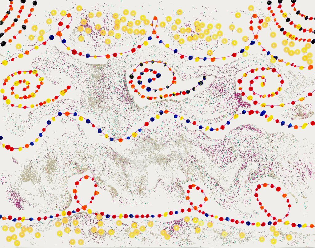 Abstract Painting with swirls of dots in a line and specks of beads in the background