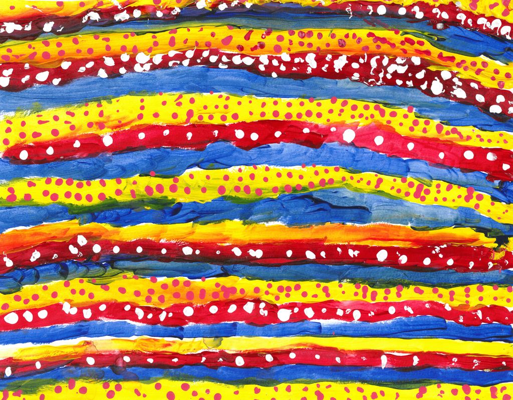 Abstract painting with rows of stripes alternating yelow, red, and blue. Red dots are in the yellow stripes and white dots are in the red stripes