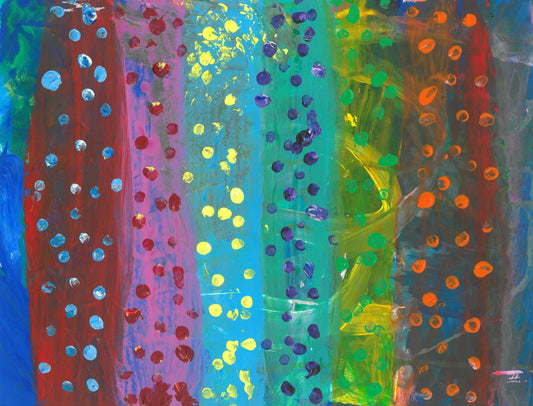 Abstract painting with vertical stripes, each a different color and with polka dots on top