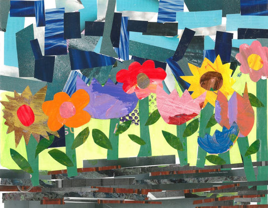 Collage of magazines and paintings that create a landscape of flowers