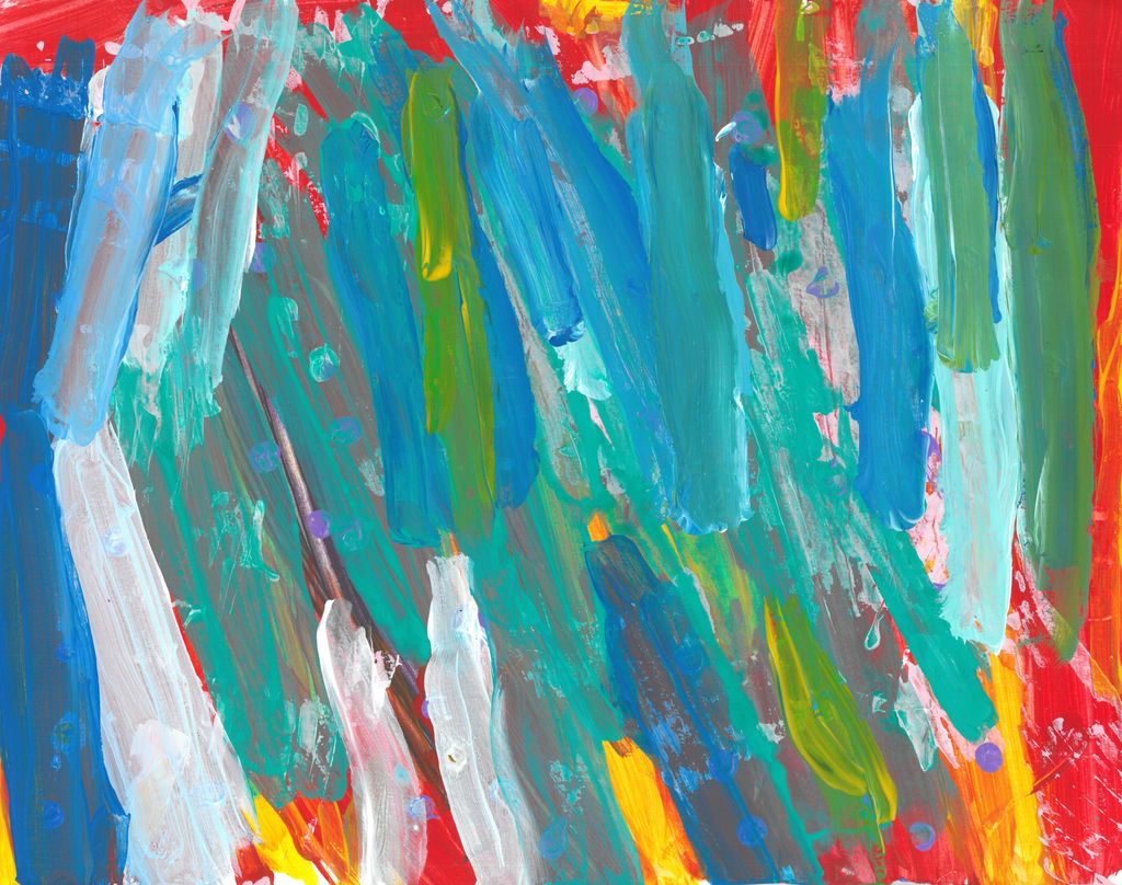 Abstract painting with layers of brush strokes of green, blue, yellow, and white ontop of a red background