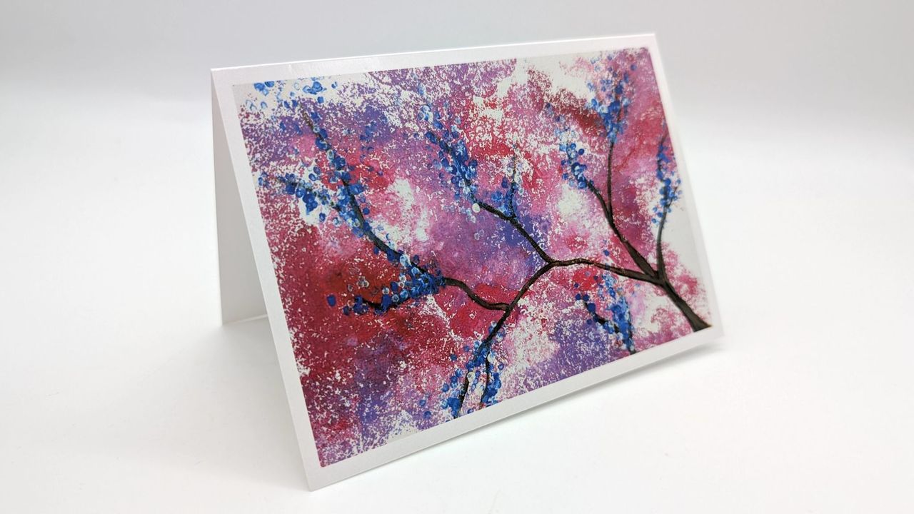 greeting cards of an Acrylic Painting of a tree with purple and pink flowers