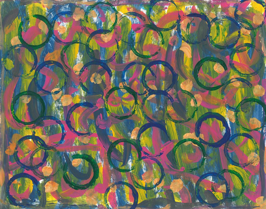 Abstract Painting of dark blues, dark yellow, and pink verticle paint strokes with blue circles on top