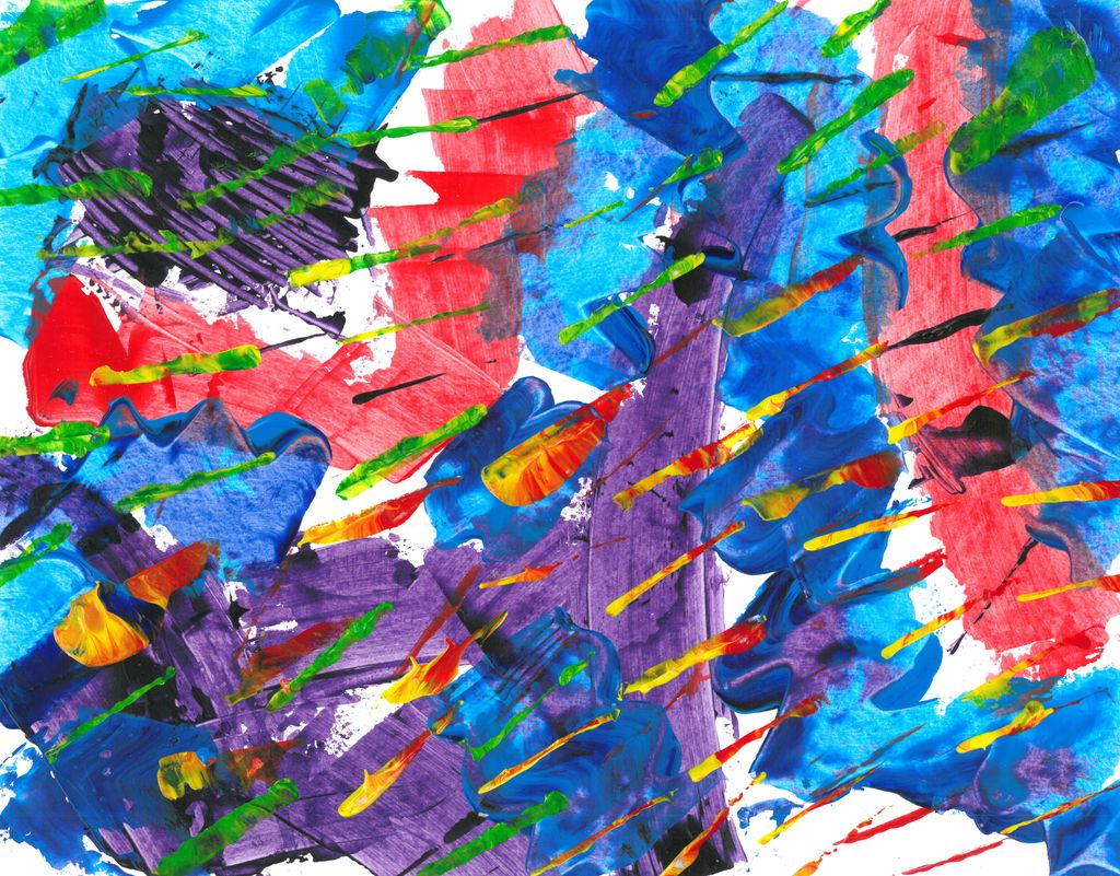 Abstract painting with blue, purple, red in the background and lines of green and orange on top