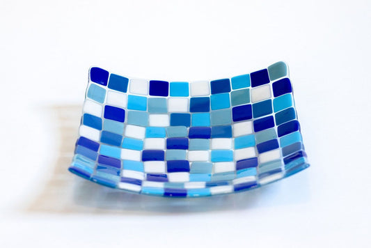 Fused Glass Square bowl made of squares of a variety of blues and white