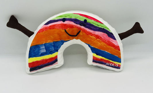 rainbow shaped pillow with arms of a Painting of stripes of various widths of blue, orange, yellow, pink, green, purple, red