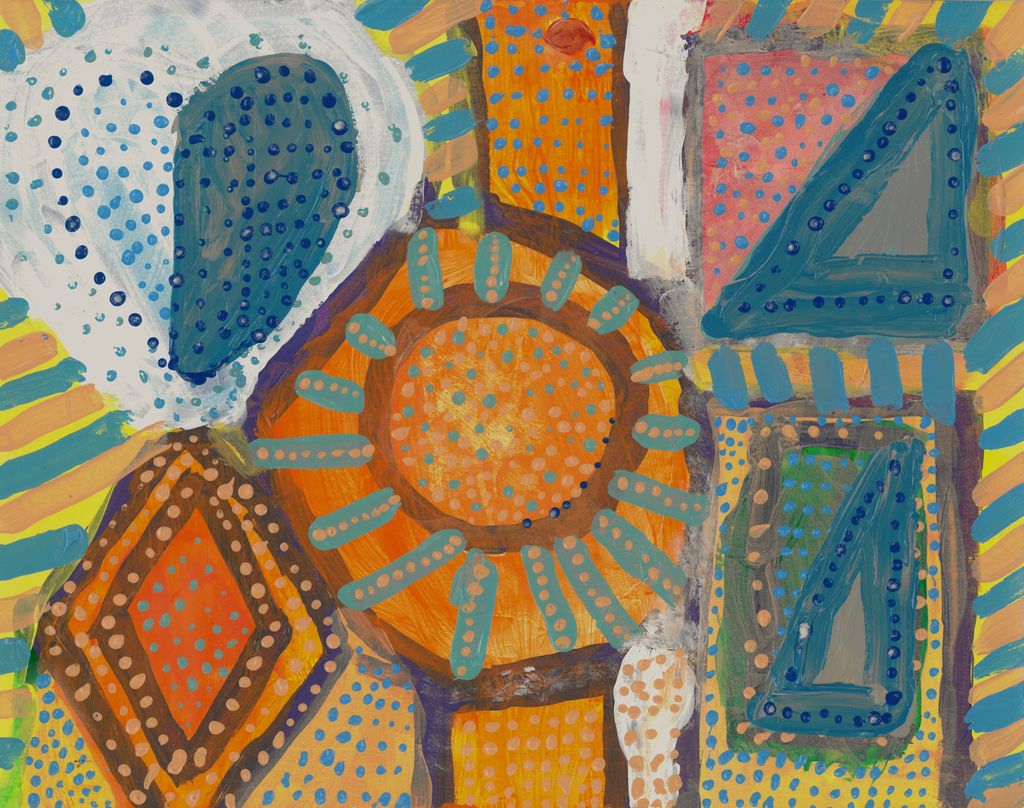 Painting of heart, daimond, triangles, and dun that are multicolored and covered in dots