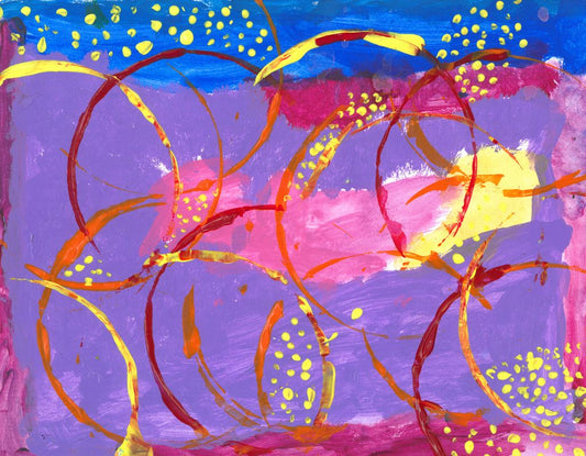 Abstract painting of large thin circular lines that are red, yellow, and orange on top of a background of light purple, blue, and pink. Inside a few of the interlocking lines are a series of yellow polka dots