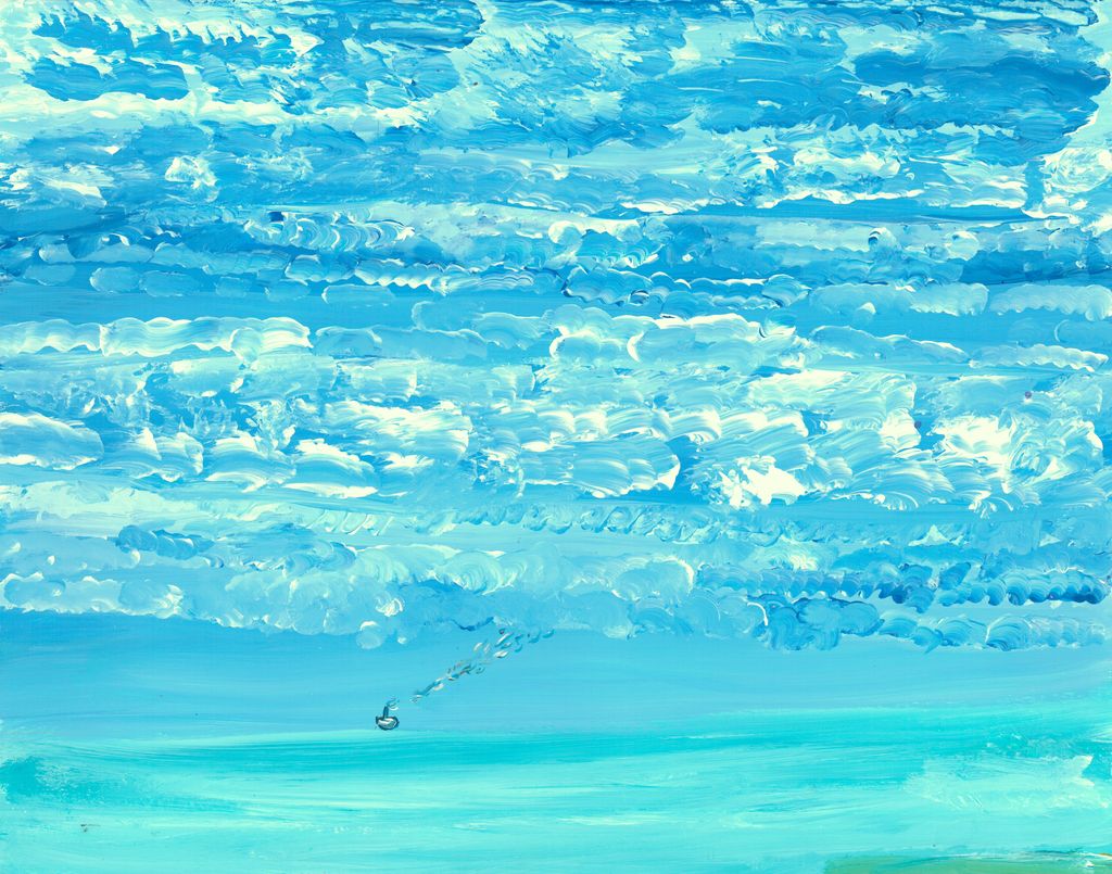 Painting of a highly textured sky with a smooth stripes of blue at the bottom indicating water with a tiny boat in the background