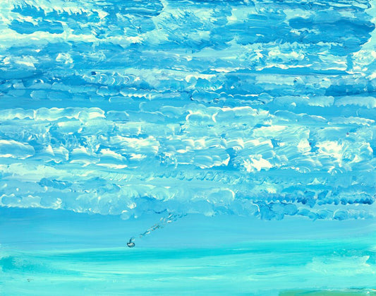 Painting of a highly textured sky with a smooth stripes of blue at the bottom indicating water with a tiny boat in the background