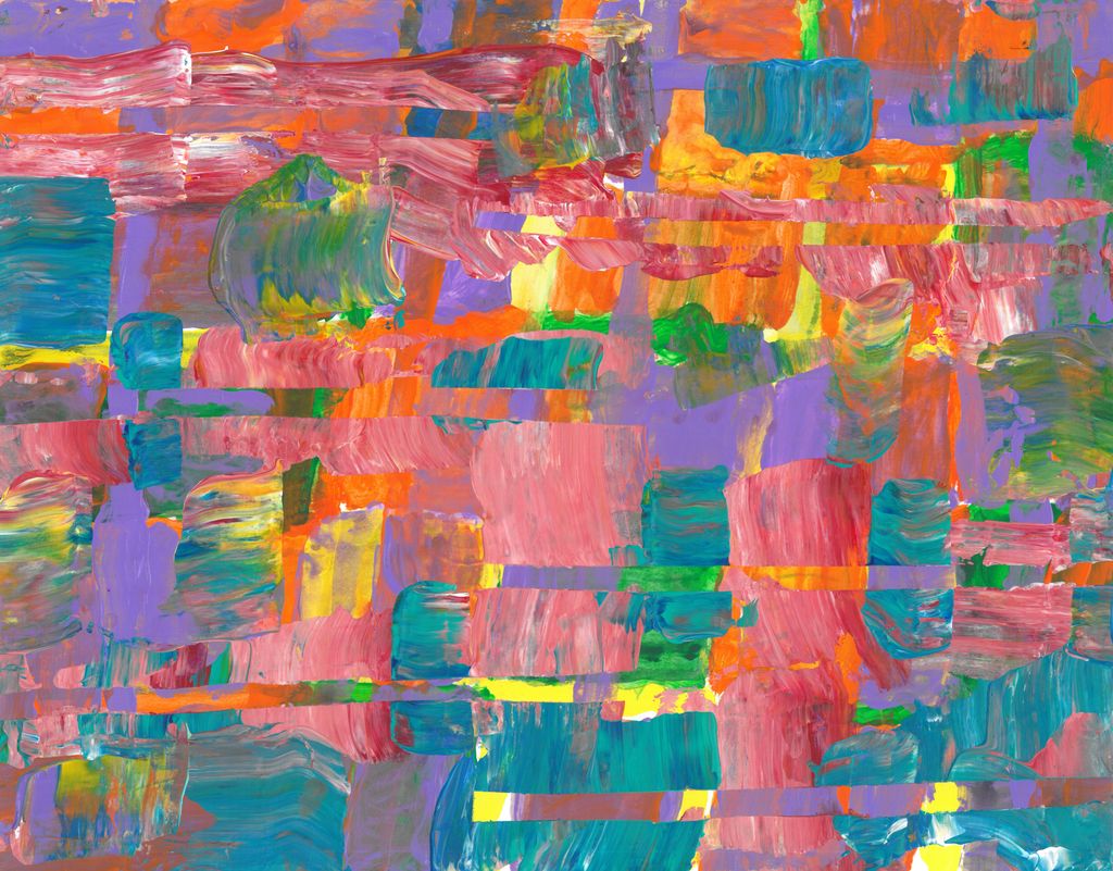 Abstract Painting oof blues, pinks, green, yellow, and orange that has indications of lines