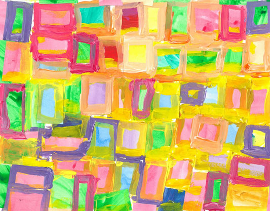 Painting of cut squares of a watercolored paper of pale colors of red, yellow, green, blue, and purple. Outlining the sections are lines of yellow, peach, pink, and purple