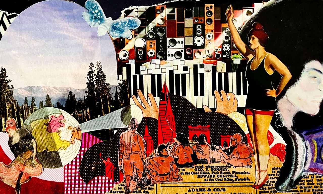 Collage of stereos and a piano with circluat landscapes and a person in an old swimsuit with her hand raised