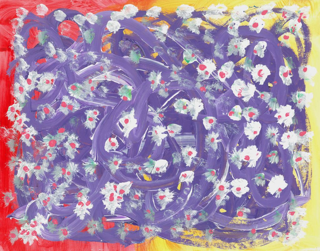 Abstract painting with a border or yellow and reg with purple swirls on top and a series of white and pink dots