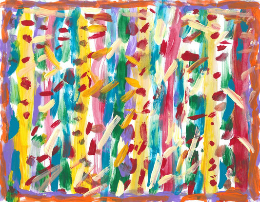 Abstract painting with yellow, purple, pink and green verticle stripes with diagonal short lines that go across the stripes