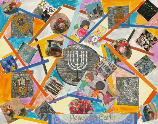 Collage of various Judaic Symbols with orange and blue lines eminiating from the center