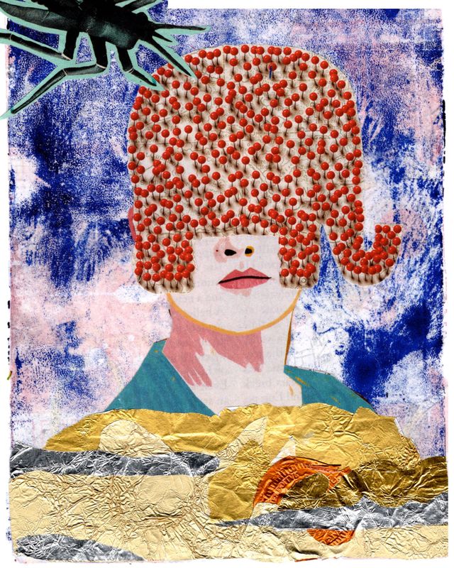 Collage of a woman's face covered by a red repubilican elephant that could act as her hair. The person emerges from a desert and has an insect in the top let corner