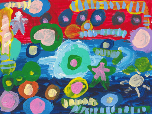 Painting of various colored shapes with patterns on top of them, some of them are planets, stars, and ovals ontop on a background that is divided into thirds of red, light blue, and dark blue