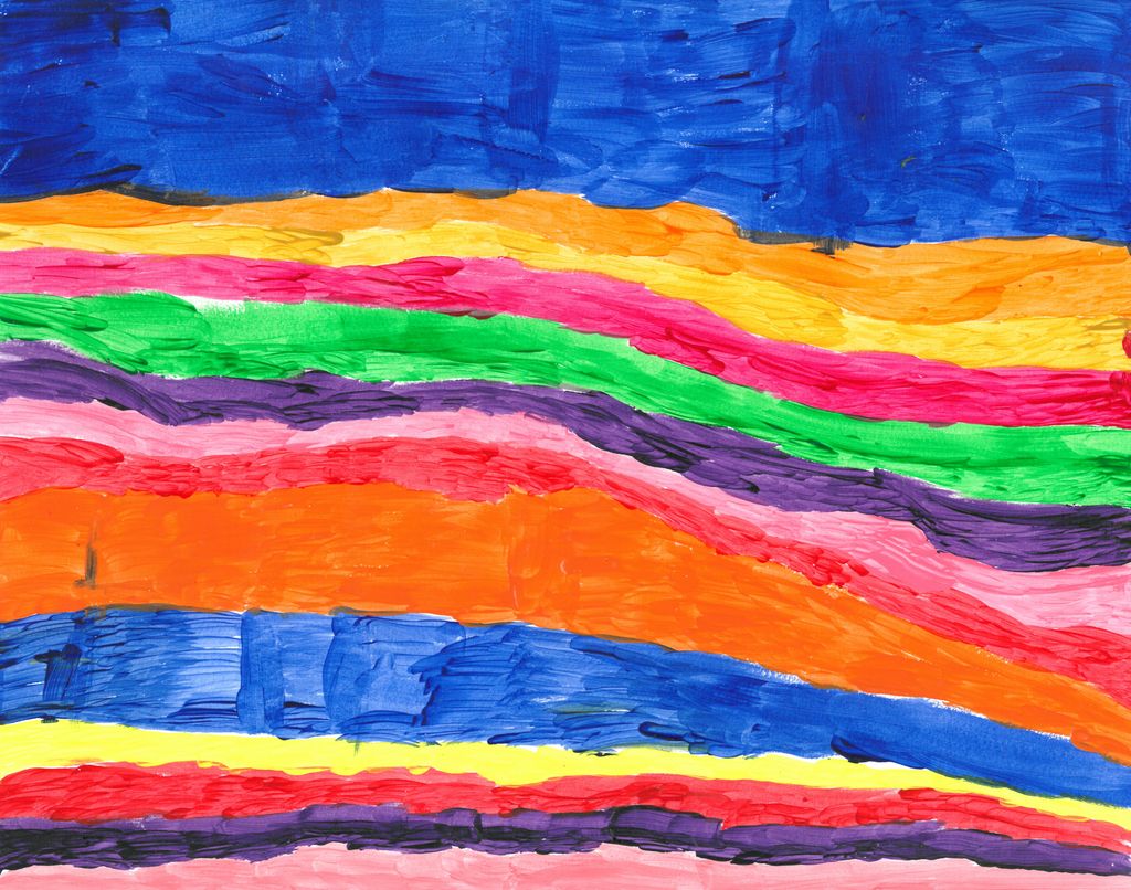 Painting of stripes of various widths of blue, orange, yellow, pink, green, purple, red