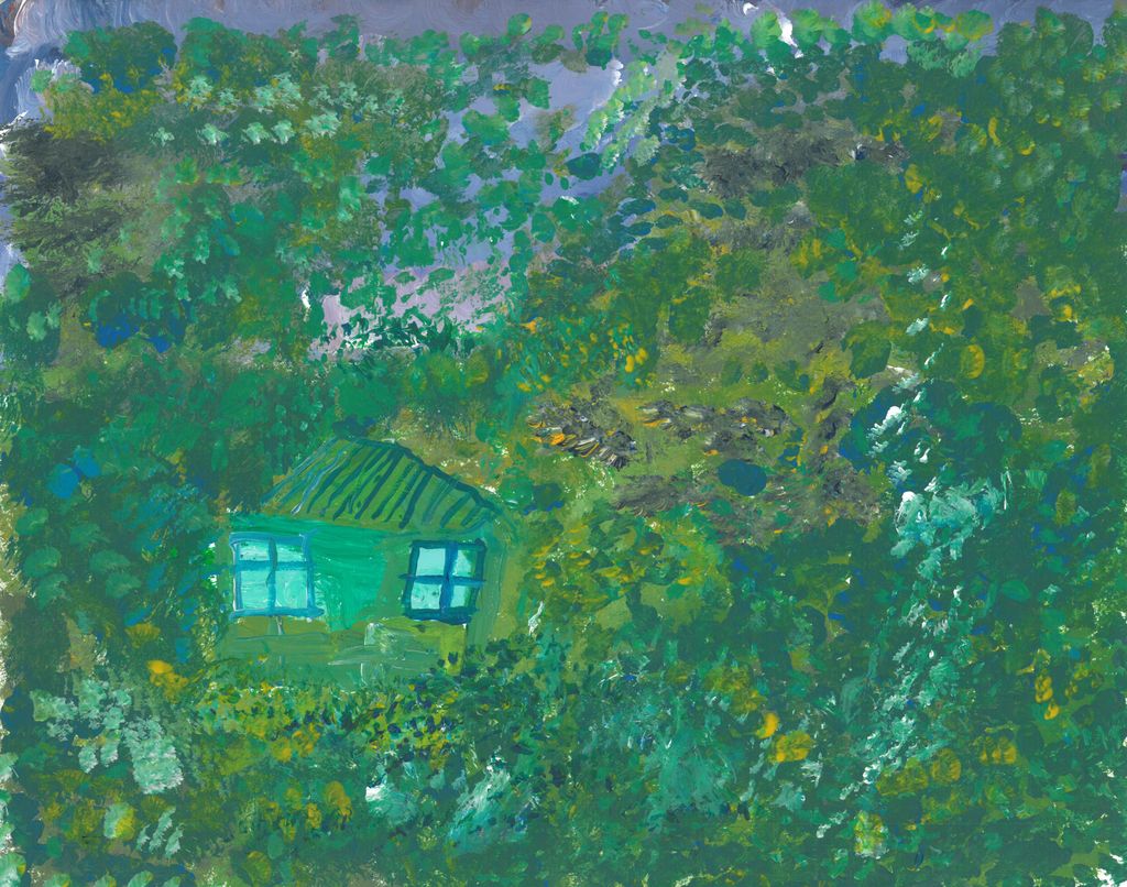 Painting of mostly greens with a House hidden in the lower left corner