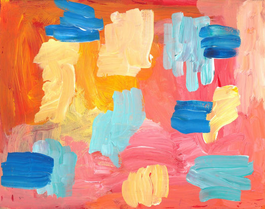 Abstract painting of irregular sections of yello and blues on top of an orange and red background