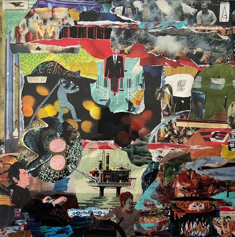 Collage of a man dreaming of all different scenerios: an astronaunt, butterflies, subway, street vendors, oil rig, sailing, and a clown