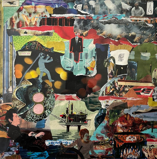 Collage of a man dreaming of all different scenerios: an astronaunt, butterflies, subway, street vendors, oil rig, sailing, and a clown