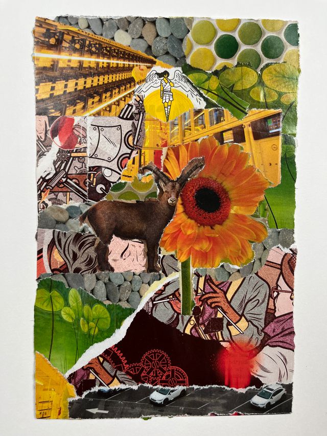 Collage of a flower, angle, and animal surrounded by greens and yellows