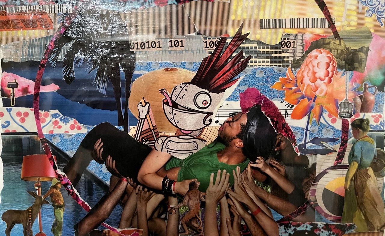 Collage of young man laying down being carried by a series of hands, surrounded by a circle and a background of pinks and blues