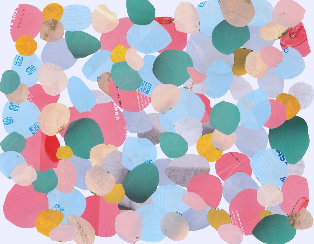 Collage of various sized circles that are blue, teal, pink, beige, and yellow