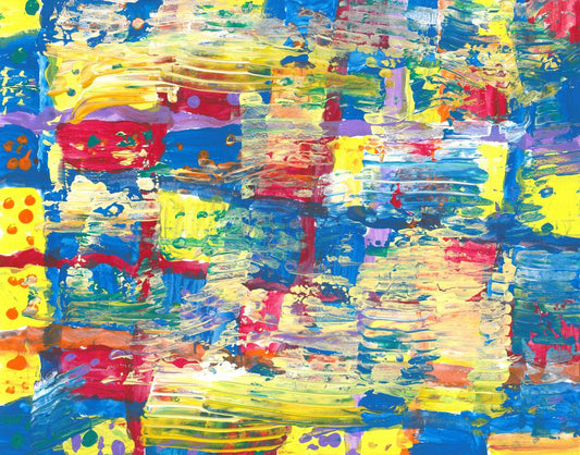 Abstract Painting of a grid of primary colors that have been smeared with yellow paint