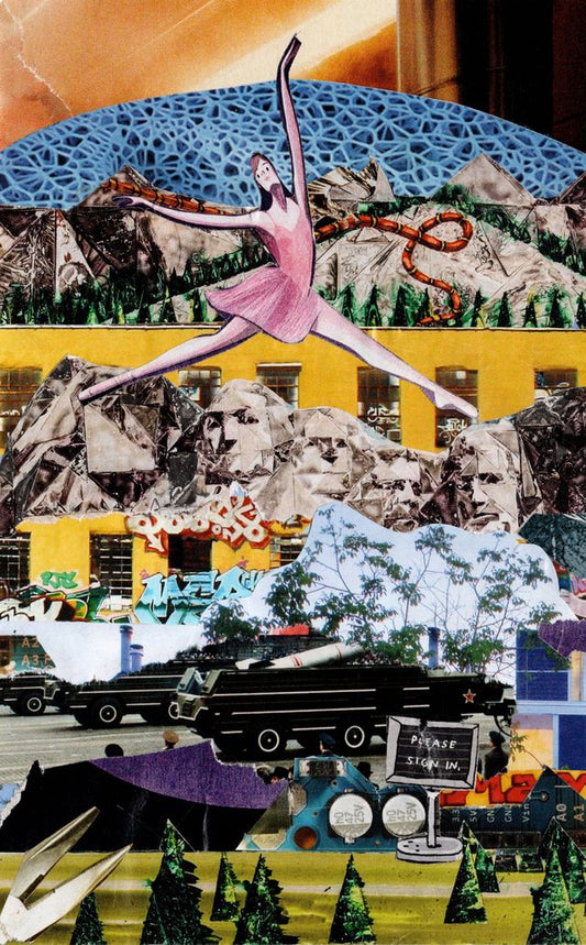 Collage of a ballerina leaping across mount rushmore 