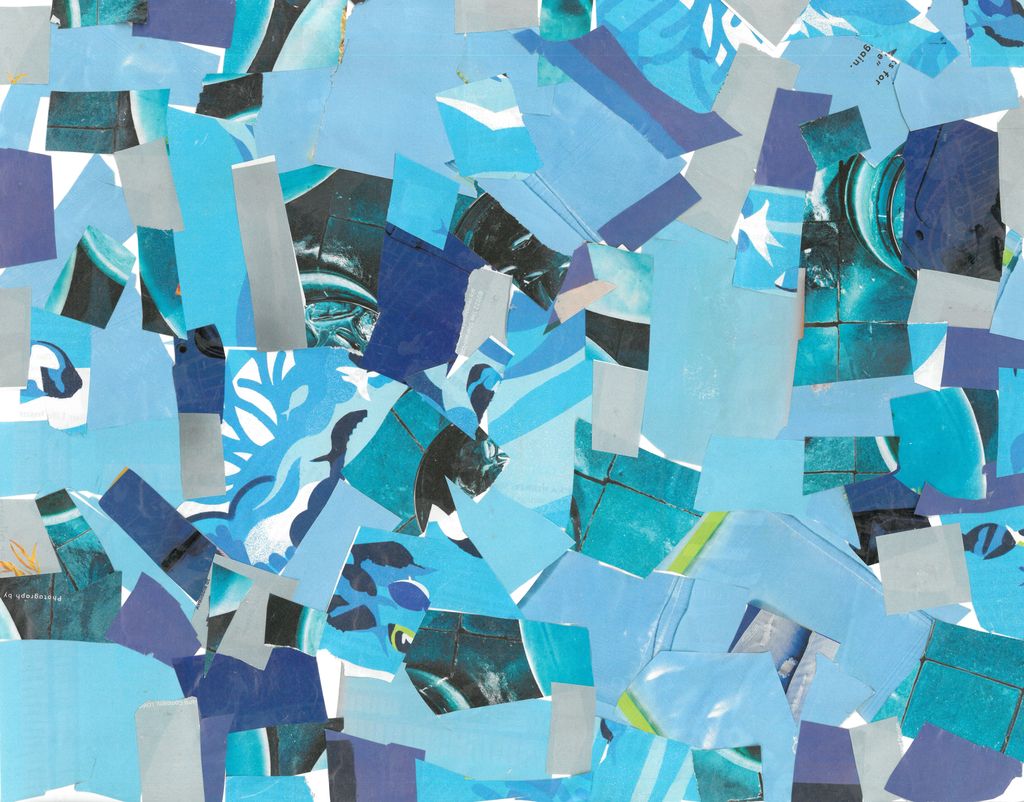 Collage of various sized shades of blue papers placed haphazardly