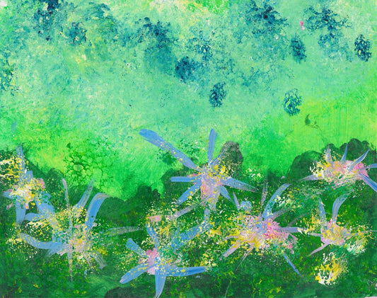 Abstract painting of blue flowers along the bottom against a background of various shades of green