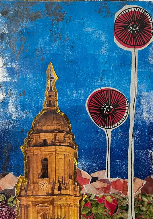 Collage of a an old domed church with two flowers against a blue sky