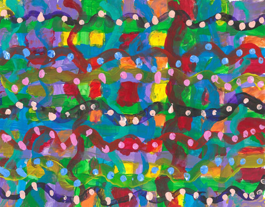 Abstract Painting with wavey multicolored lines creating grids and that are polkadotted