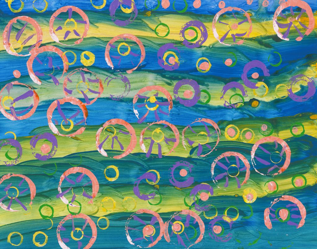 Painting of orange and purple hollow circles with inner circles of yellow and pink, on top of a background of alternating horizontal stripes of blue and yellow