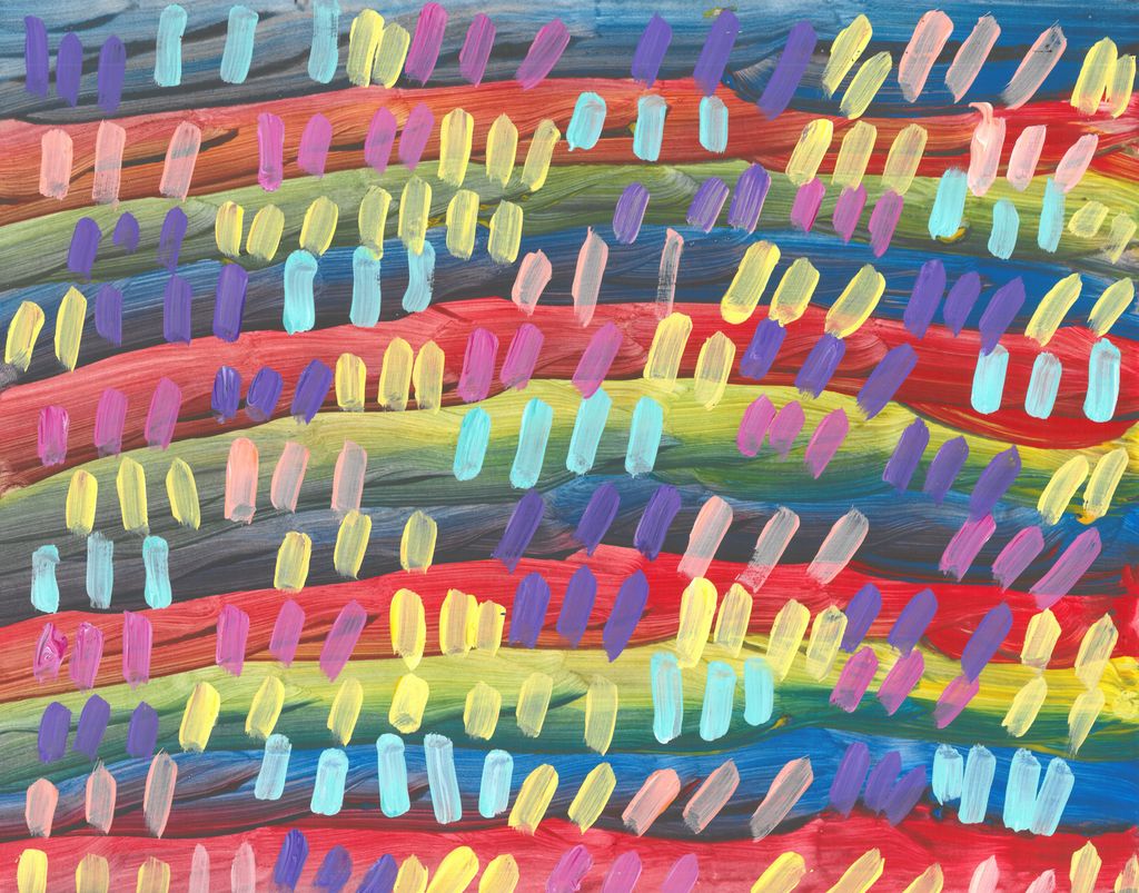 A series of alternating sets of three verticle thin short stripes of light: blue, yellow, pink, purple, and peach on top of rows of dark stripes of blue, red, and yellow