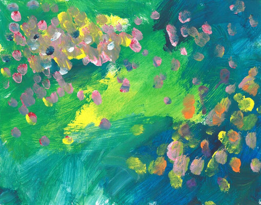 Green painting with accents of yellow and pink