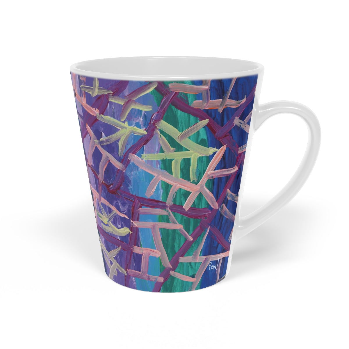 mug of an Abstract painting of pink and yellow webs over a verticle striped background of blues, green, and purples