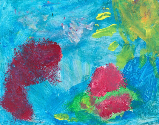 blue painting with accented of red and yellow