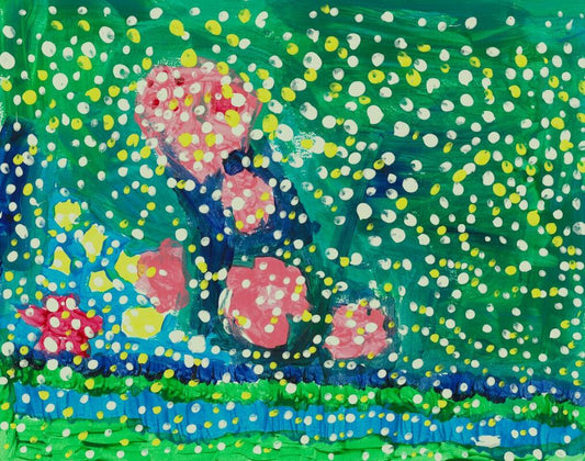 mostly green painting with hints of pink and blue covered in yellow and white dots