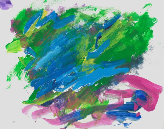painting with green, blue and pink strokes