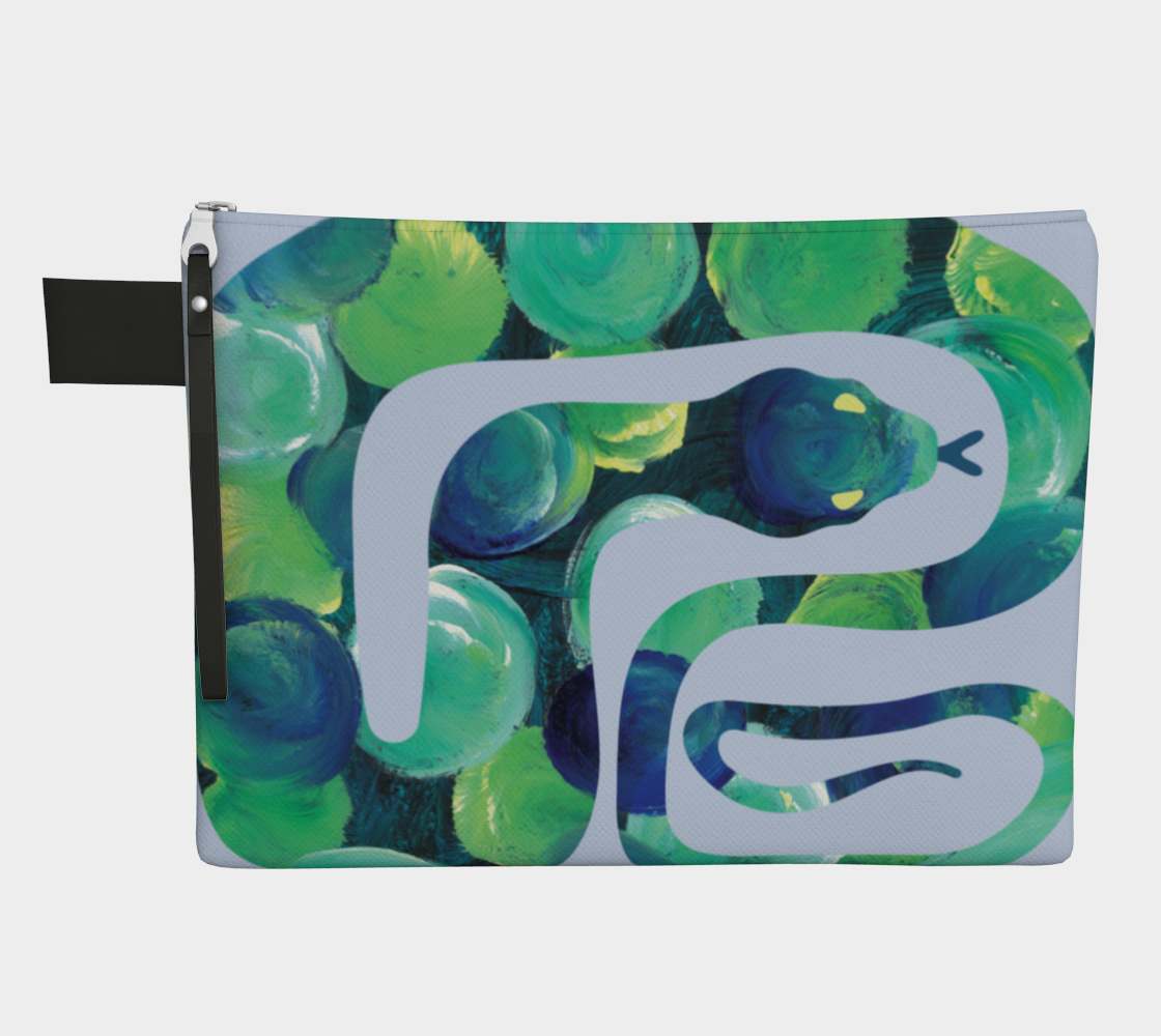 two sided zipper pouch of two different snake patterns- blue and greens on one side and multicolored on the other
