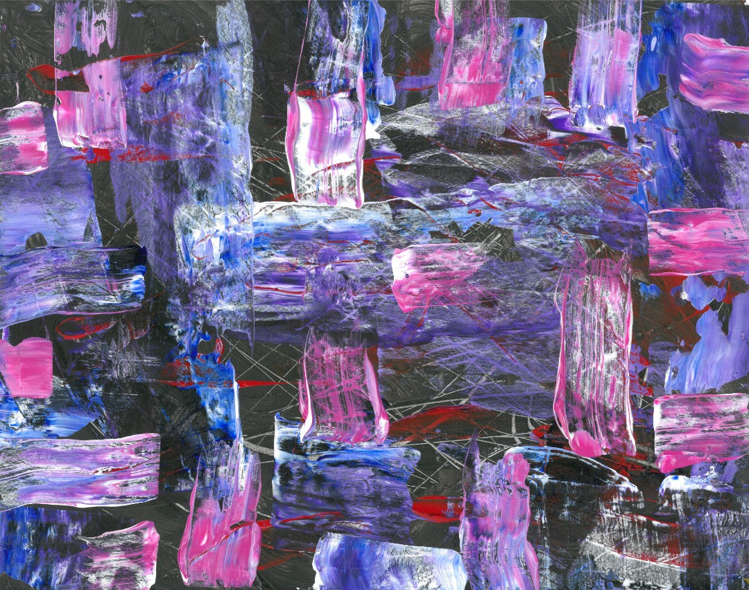 Abstract painting of blue, black and purple stripes