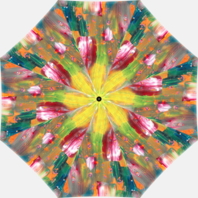 Umbrella with a sunburst of yellow in the center radiating red, blue and orange