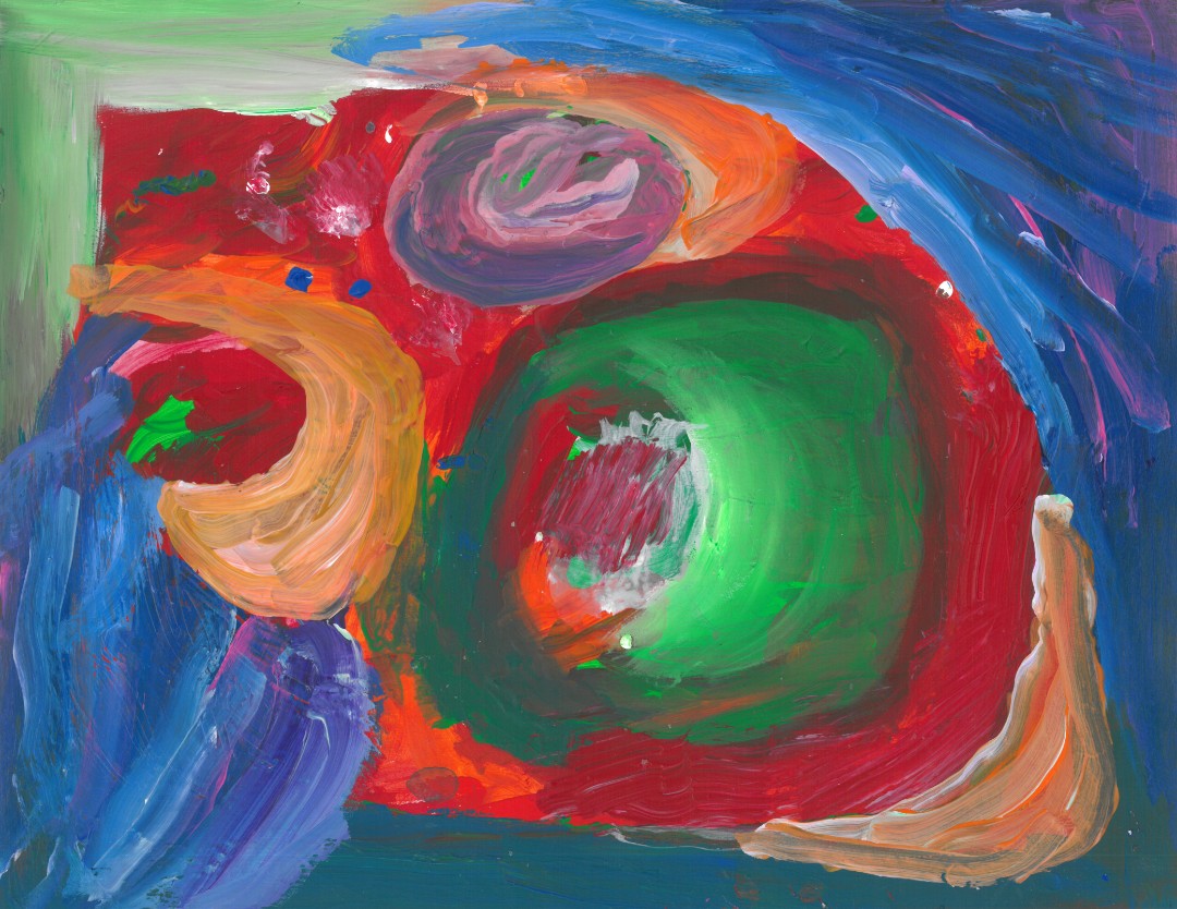 Abstract painting of colorful swirls on a blue background