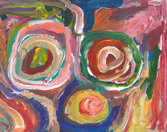 Abstract painting of colorful circles and swirls