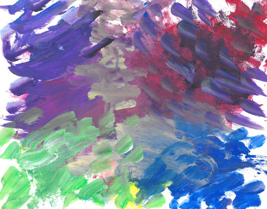 abstract painting in each corner are diagonal brushstrokes of blue, green, and purple